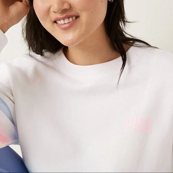 Vs Victorias Secret PINK Varsity Crew Sweater Jacket Top Optic White Rainbow S - Picture 5 of 9